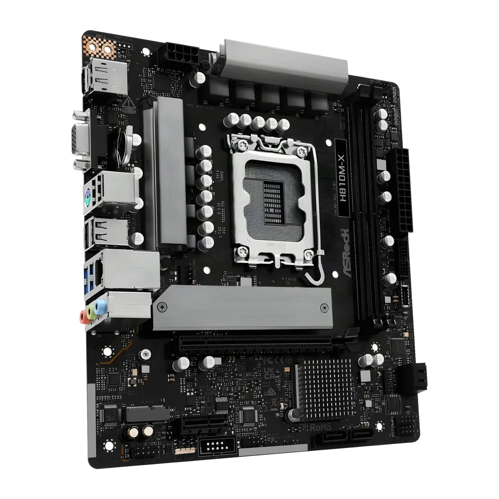 Placa-mãe ASRock H810M-X Intel H810 LGA1851 ATX DDR5 Preto, vista diagonal: socket LGA1851, dissipadores cinza e painel