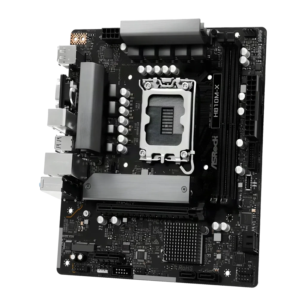 Placa-mãe ASRock H810M-X Intel H810 LGA1851 ATX DDR5 Preto, vista em perspectiva: socket LGA1851, slots DDR5 e painel I/O