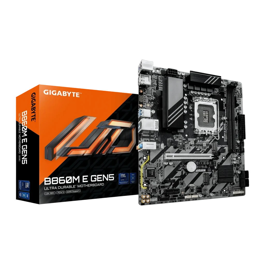 Placa base Gigabyte B860M E GEN5 Intel B860 LGA1851 DDR5 ATX Marrón, vista frontal: placa y caja naranja negra con nombre