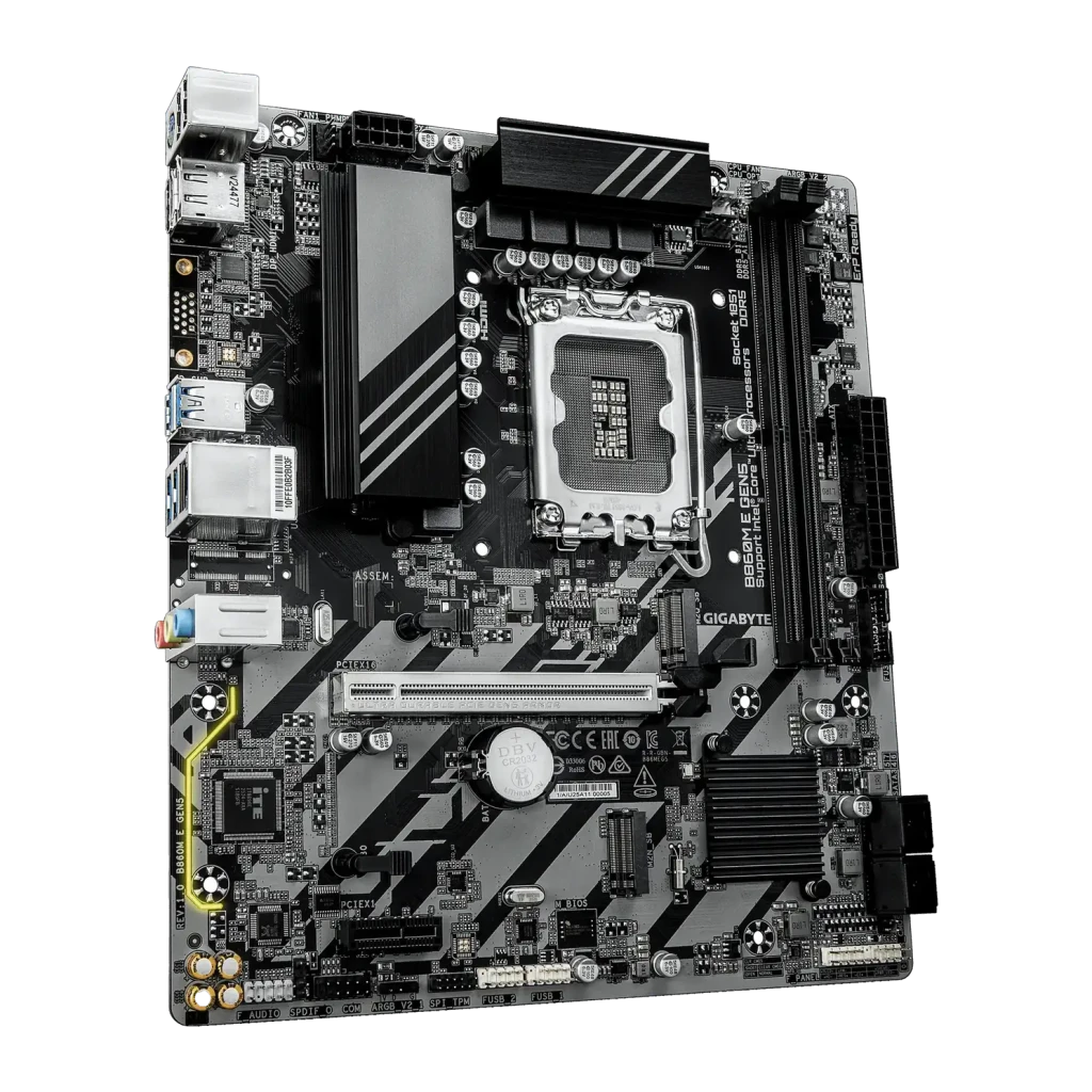 Placa base Gigabyte B860M E GEN5 Intel B860 LGA1851 DDR5 ATX Marrón, vista angular: socket LGA1851, ranuras DDR5