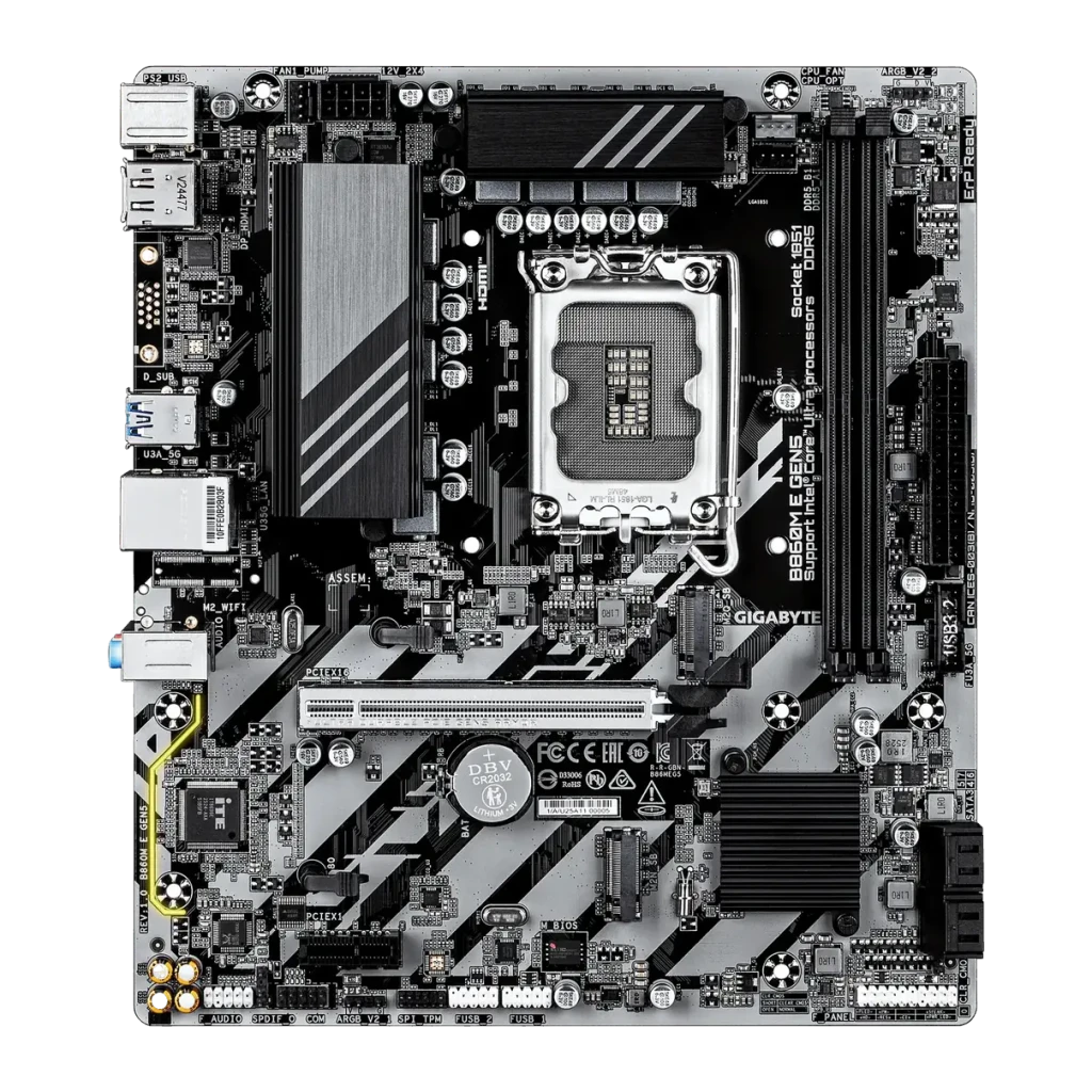 Placa base Gigabyte B860M E GEN5 Intel B860 LGA1851 DDR5 ATX Marrón, vista frontal: socket LGA1851, disipadores y ranuras
