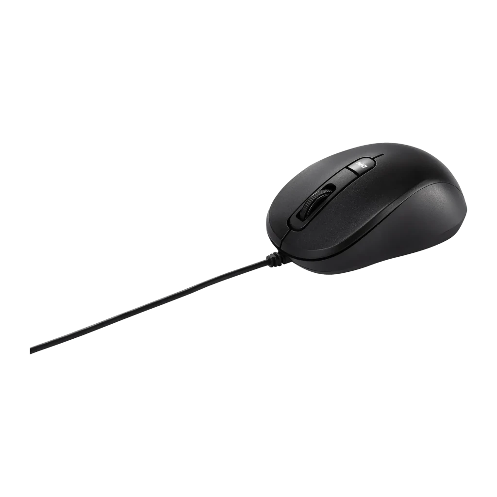 Ratón ASUS MU101C Negro Alámbrico USB Ambidextro, vista lateral: perfil derecho con rueda central y cable USB negro