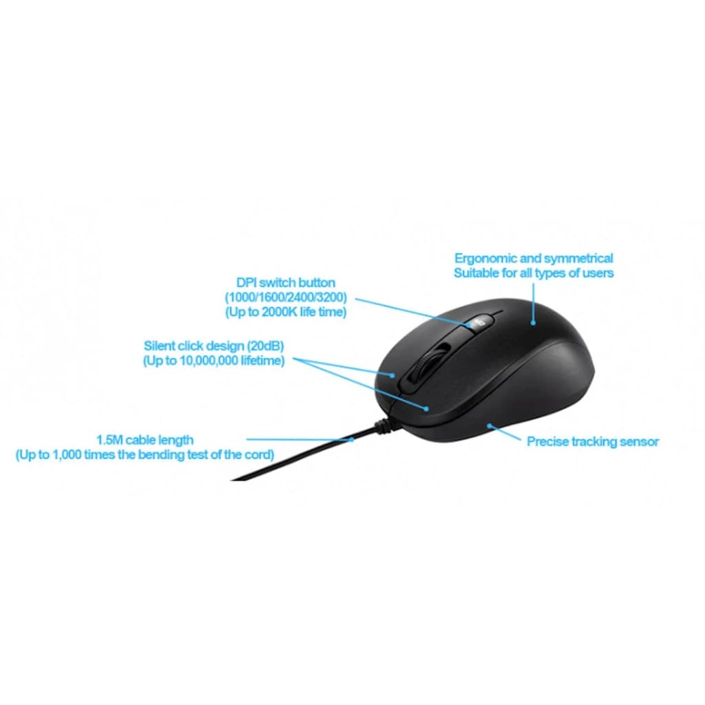 Ratón ASUS MU101C Negro Alámbrico USB Ambidextro, vista lateral con especificaciones: diseño simétrico, botón DPI y sensor