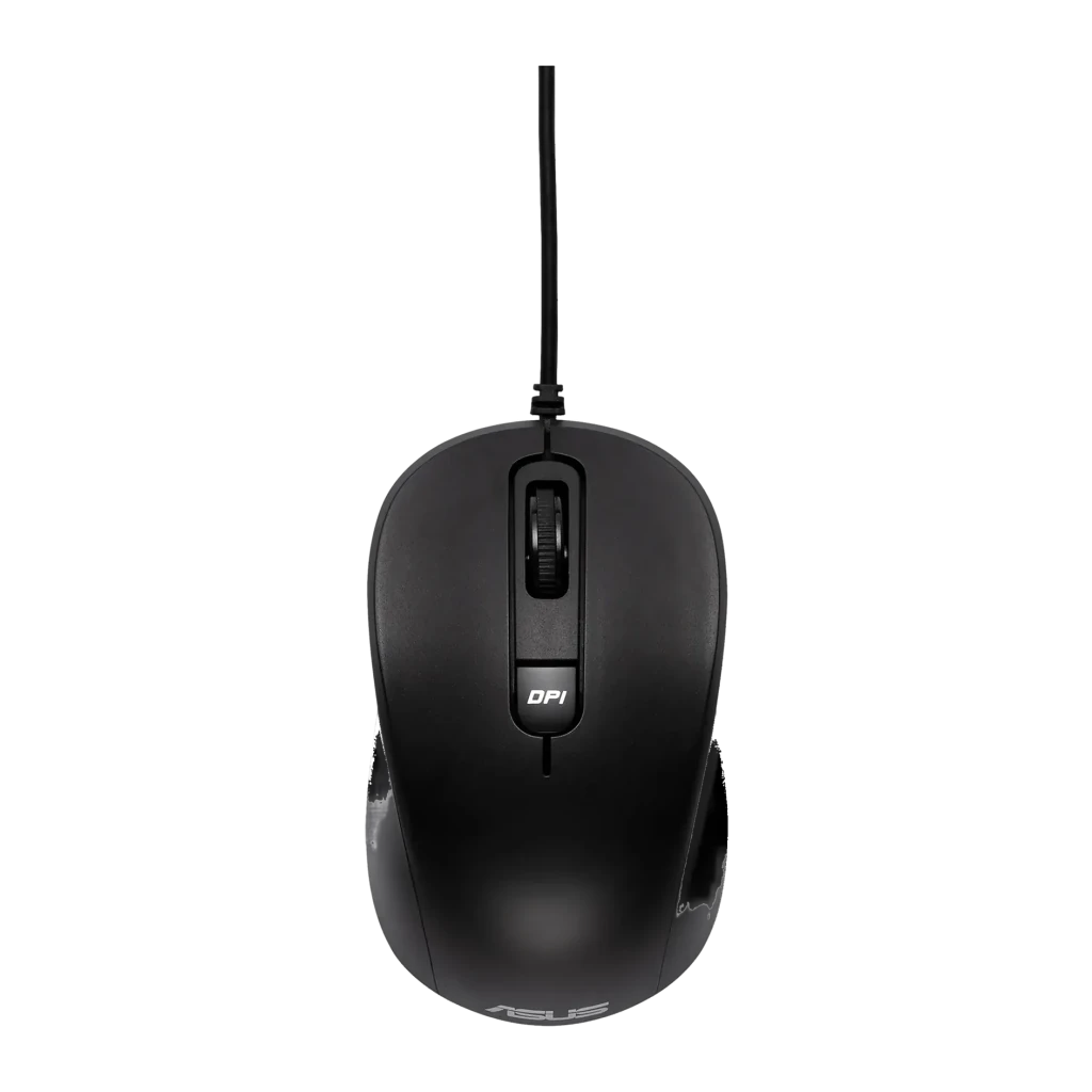 Ratón ASUS MU101C Negro Alámbrico USB Ambidextro, vista superior: rueda de desplazamiento y botón DPI visibles