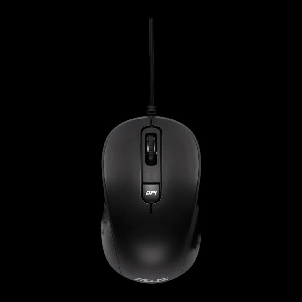 Ratón ASUS MU101C Negro Alámbrico USB Ambidextro, vista superior: rueda de desplazamiento y botón DPI visibles