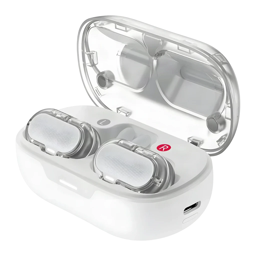 Écouteurs ACEFAST Acefit Neo Réduction de Bruit ANC TWS Bluetooth 5.3, vue de face: boîtier blanc ouvert avec couvercle