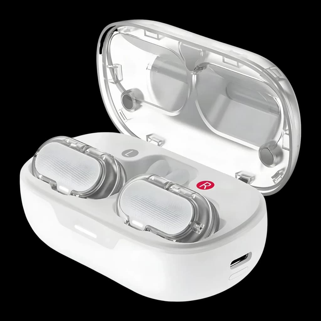 Écouteurs ACEFAST Acefit Neo Réduction de Bruit ANC TWS Bluetooth 5.3, vue de face: boîtier blanc ouvert avec couvercle