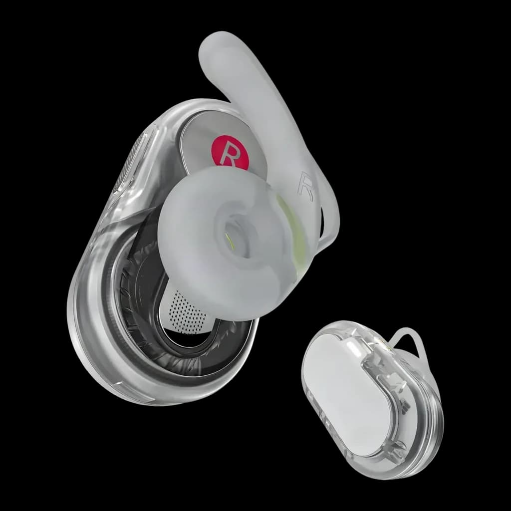 Écouteurs ACEFAST Acefit Neo Réduction de Bruit ANC TWS Bluetooth 5.3, détail: intérieur transparent de l'écouteur droit