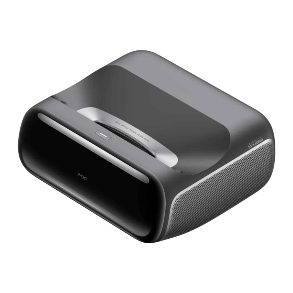 JMGO O2S Ultra 64GB gris, vista isométrica: cuerpo redondeado, lente frontal, rejilla Dynaudio y logo JMGO