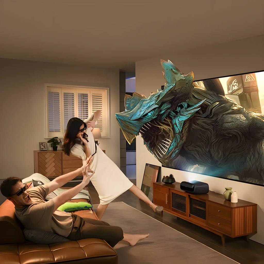JMGO Proyector O2S Ultra 64GB, uso en salón: pareja con gafas 3D reacciona a proyección de dragón en pantalla grande