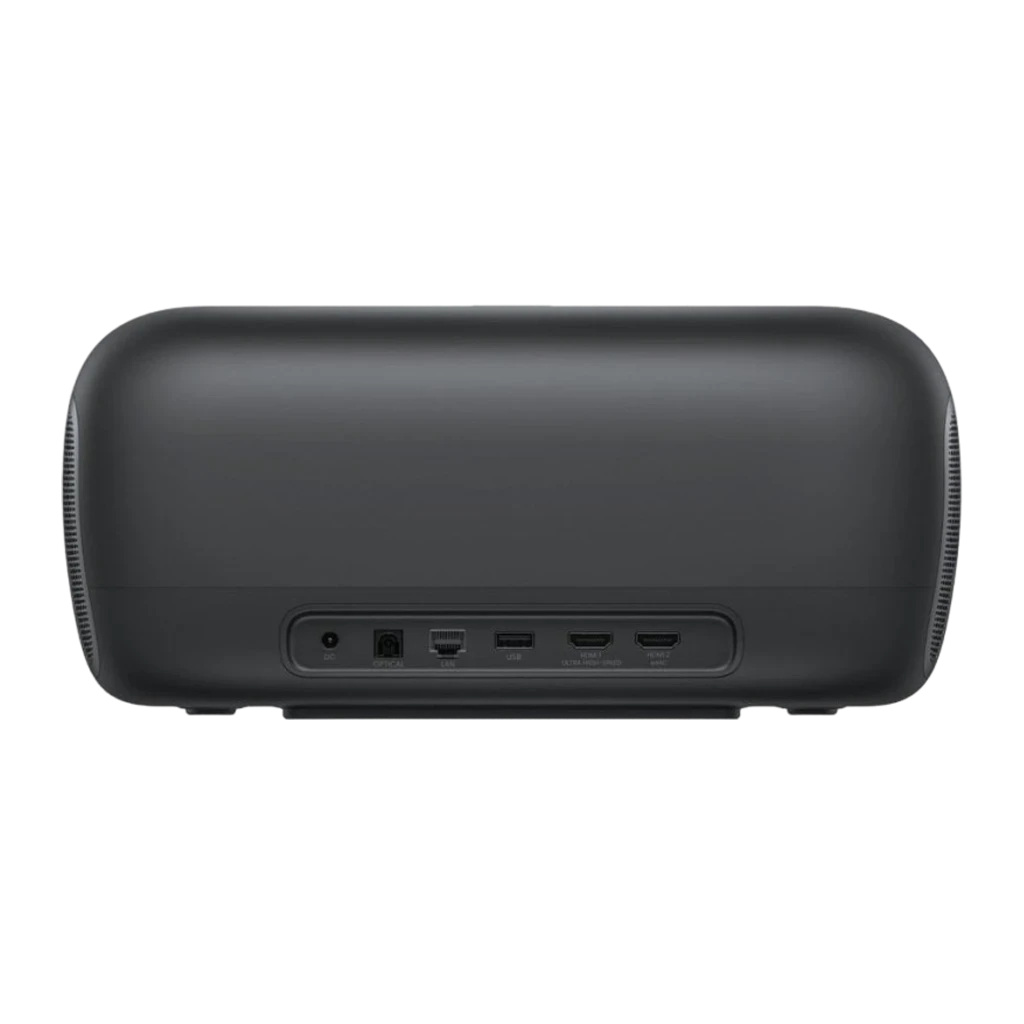 JMGO Proyector O2S Ultra 64GB negro, vista trasera: panel de conectores con HDMI, USB, Ethernet y DC