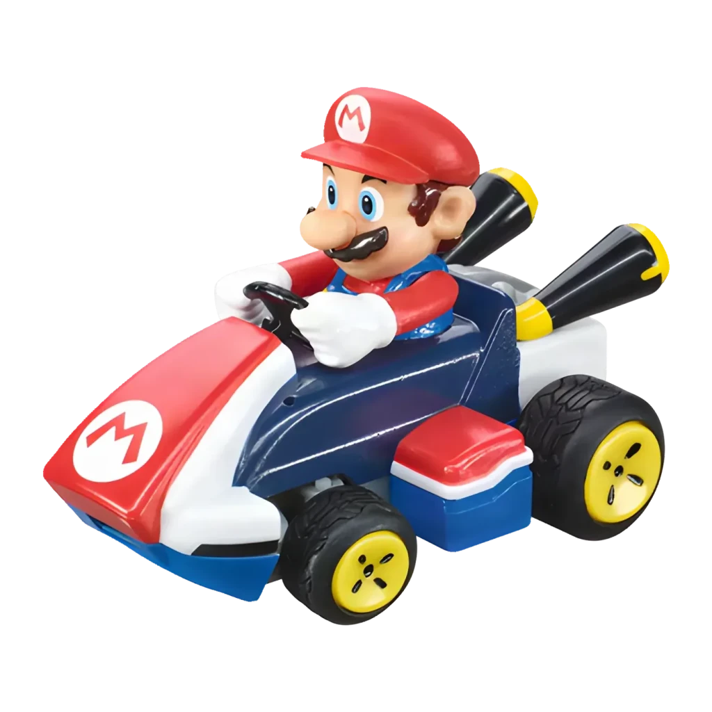 Carrera Mario Kart Mini RC 1:50 5km/h Recargable USB, vista lateral-frontal: figura Mario al volante, kart azul y rojo