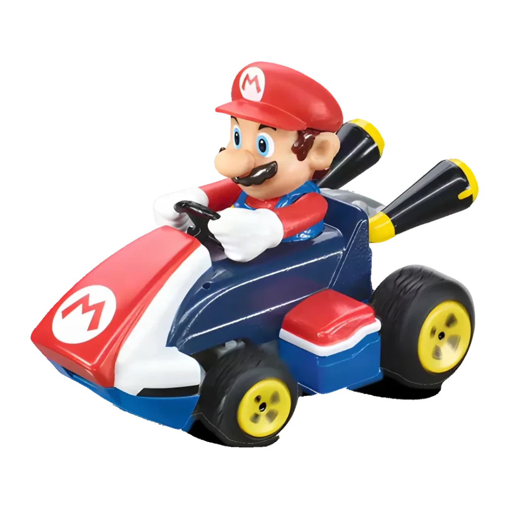 Carrera Mario Kart Mini RC 1:50 5km/h Recargable USB, vista lateral-frontal: figura Mario al volante, kart azul con ruedas
