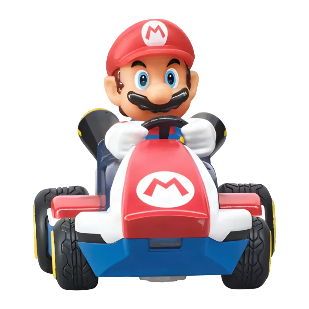 Carrera Mario Kart Mini RC 1:50 5km/h Recargable USB, vista frontal: figura de Mario al volante, carrocería roja y azul