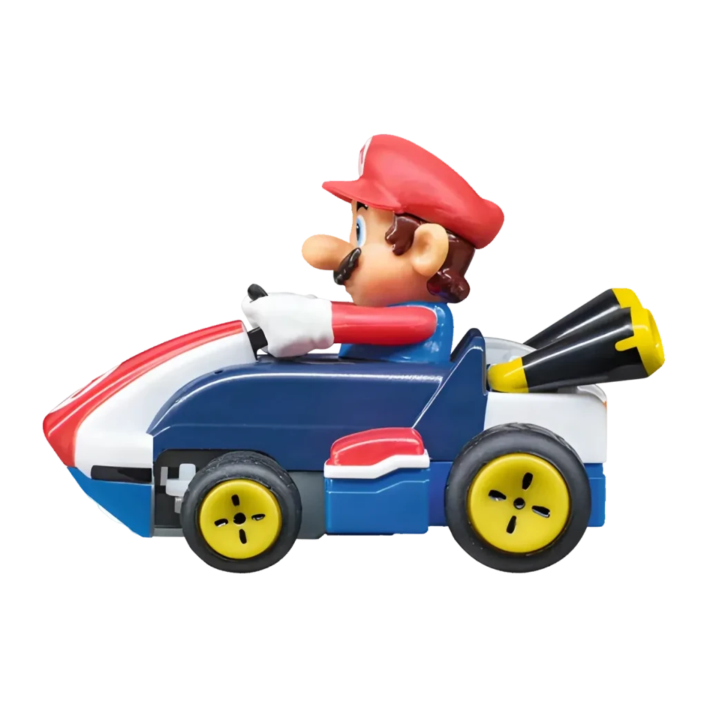 Carrera Mario Kart Mini RC 1:50 5km/h Recargable USB, lateral: figura de Mario al volante, kart azul con ruedas amarillas