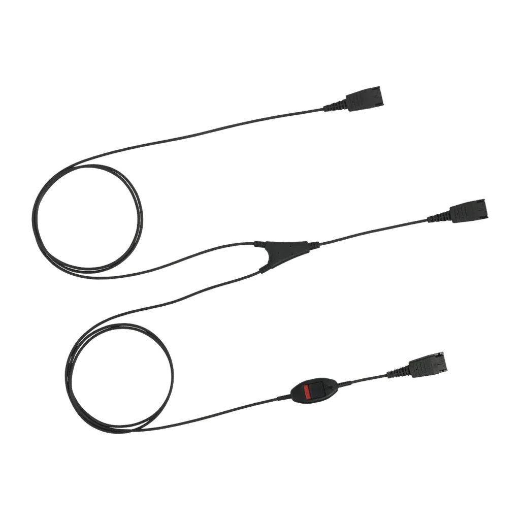 Cable accesorio para auriculares Jabra Supervisor Y-Cord 8800-02-01, vista frontal: dos cables negros en Y con conectores QD