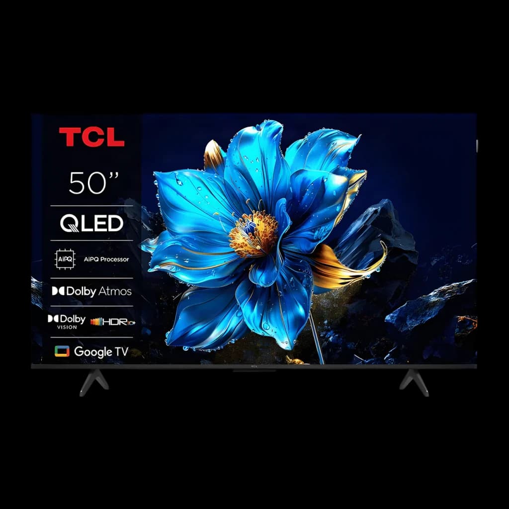 TV TCL 50 polegadas QLED 4K Preto 50T69C, vista frontal: ecrã com flor azul, logos QLED, Google TV e pés pretos