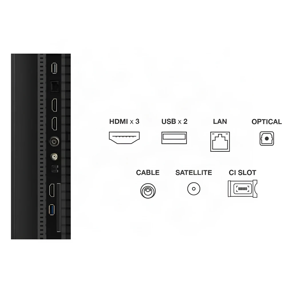 TV TCL 50 polegadas QLED 4K Preto 50T69C, lateral: portas HDMI x3, USB x2, LAN, ótico, cabo, satélite e CI slot