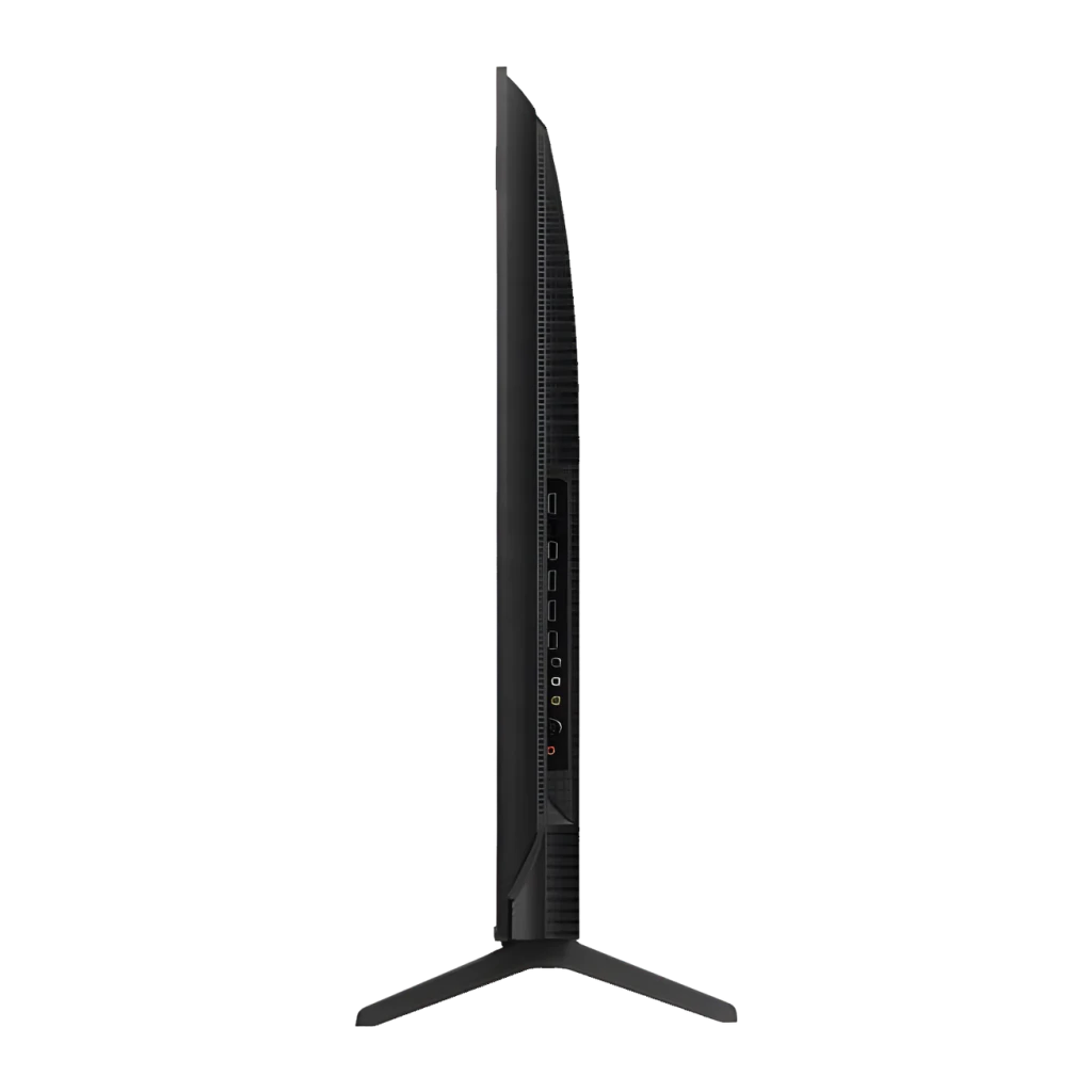 TV TCL 50 polegadas QLED 4K Preto 50T69C, vista lateral: perfil fino com portas HDMI e conectores visíveis na lateral