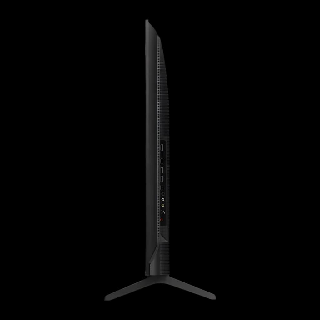TV TCL 50 polegadas QLED 4K Preto 50T69C, vista lateral: perfil fino com portas HDMI e conectores visíveis na lateral