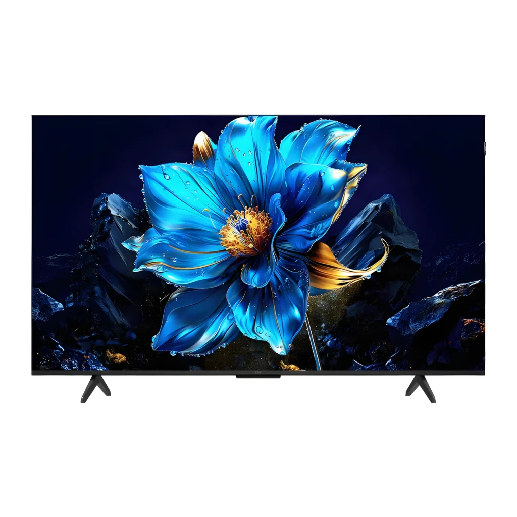 TV TCL 50 polegadas QLED 4K Preto 50T69C, vista frontal: ecrã com flor azul e dourada, moldura fina e pés pretos