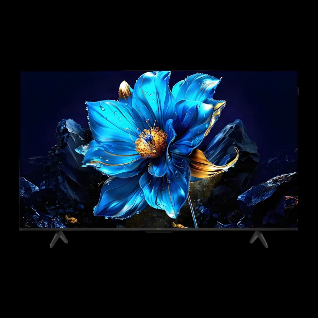 TV TCL 50 polegadas QLED 4K Preto 50T69C, vista frontal: ecrã com flor azul e dourada, moldura fina e pés pretos
