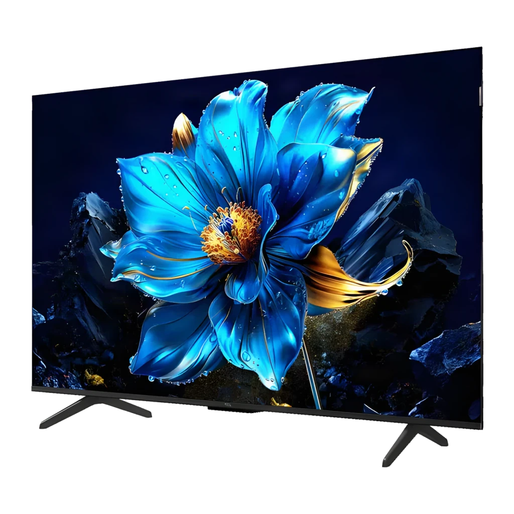 TV TCL 50 polegadas QLED 4K Preto 50T69C, vista lateral: ecrã com flor azul e dourada, moldura fina e pés pretos