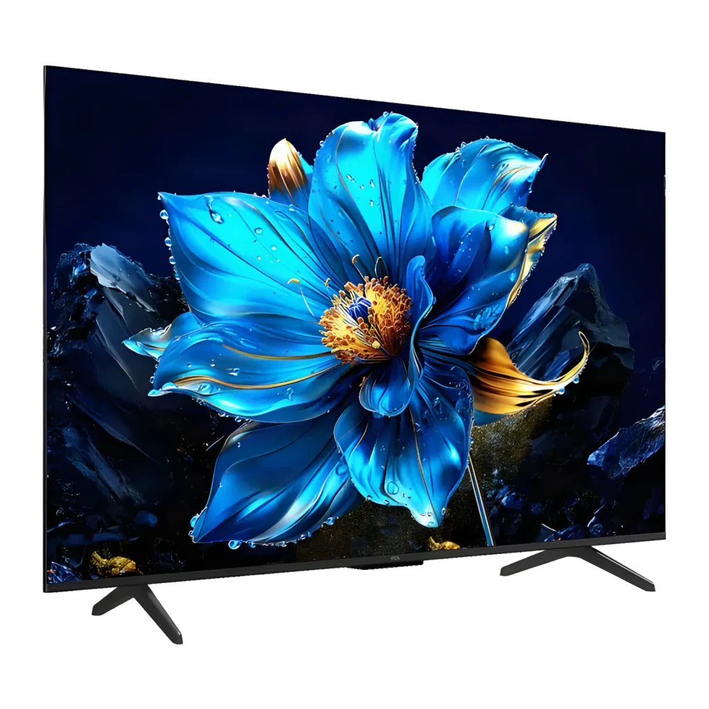 TV TCL 50 polegadas QLED 4K Preto 50T69C, vista lateral: ecrã com flor azul e dourada, moldura fina e pés pretos