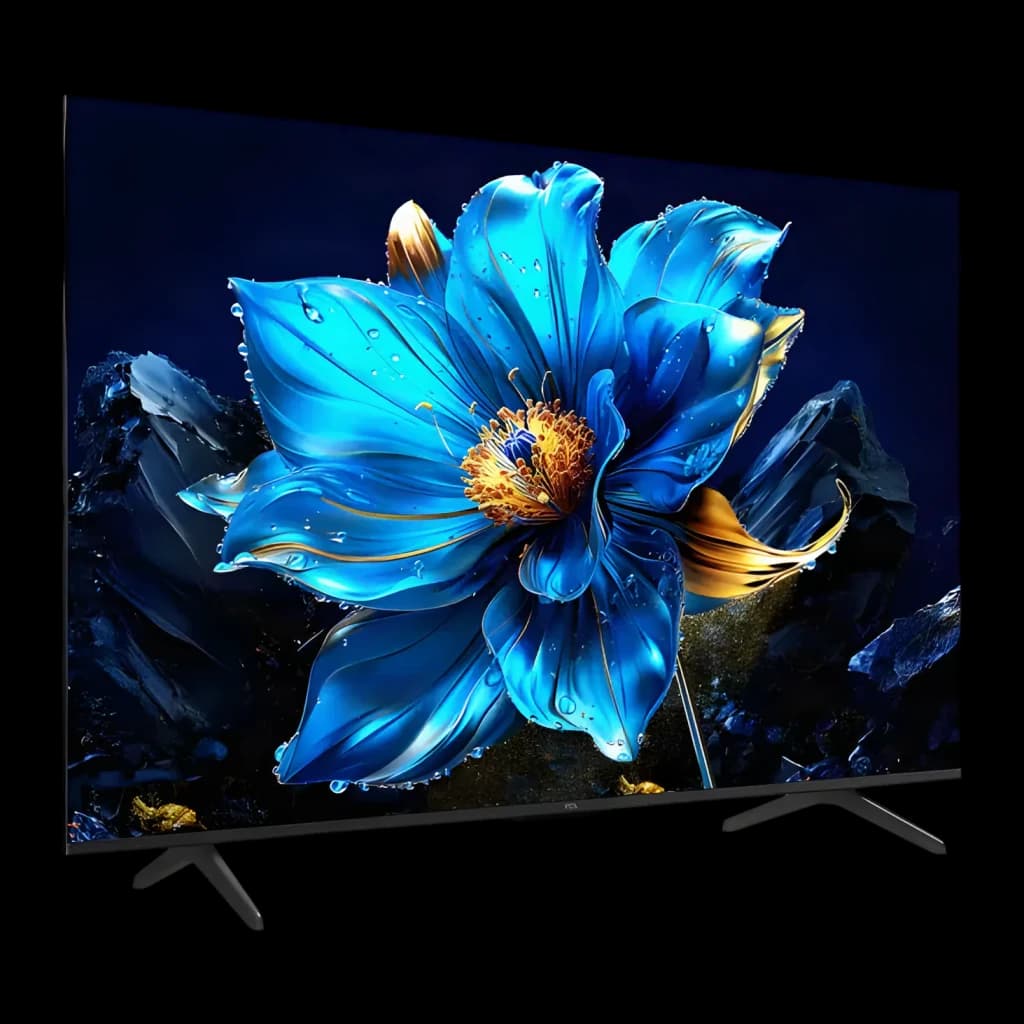 TV TCL 50 polegadas QLED 4K Preto 50T69C, vista lateral: ecrã com flor azul e dourada, moldura fina e pés pretos