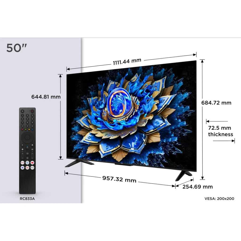 TV TCL 50 polegadas QLED 4K Preto 50T69C, dimensões: cotas de largura, altura e espessura com comando RC833A