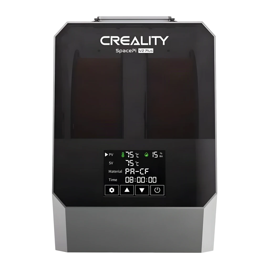 Secador de Filamentos Creality Space Pi Filament Dryer V2 Plus 2 Bobinas 1,75/2,85 mm, vista frontal: ecrã LCD