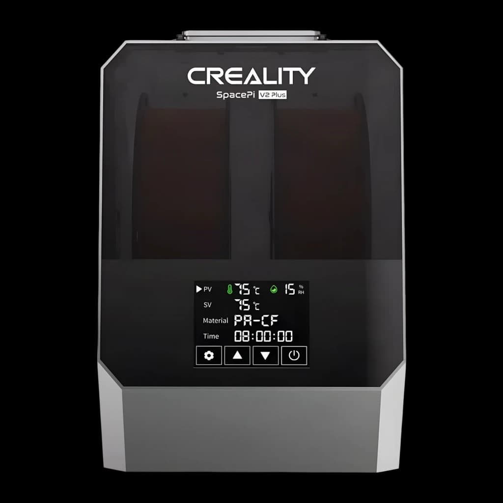 Secador de Filamentos Creality Space Pi Filament Dryer V2 Plus 2 Bobinas 1,75/2,85 mm, vista frontal: ecrã LCD