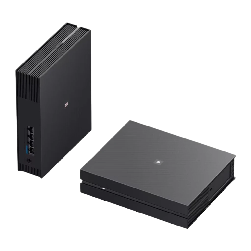 Router ZTE T5400 Negro WiFi 6 AX3000 de doble banda en carcasa negra mate, formato rectangular; puertos Ethernet laterales y botón superior iluminado