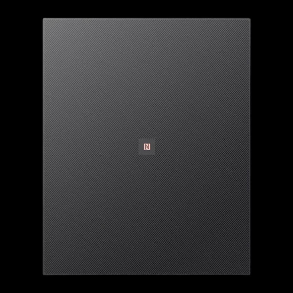 Tapa superior negra con textura diagonal del Router ZTE T5400, logo central plateado con símbolo NFC, diseño minimalista y acabado mate elegante