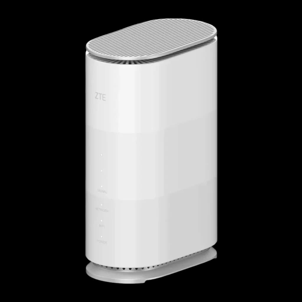 Router ZTE G5 Air Blanco WiFi 7 BE3600 Doble Banda, vista frontal en ángulo: cuerpo cilíndrico con rejilla superior