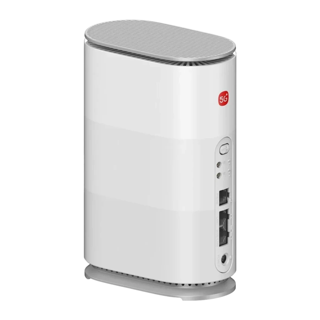 Router ZTE G5 Air Blanco WiFi 7 BE3600 Doble Banda, vista lateral: puertos Ethernet, logo 5G rojo y rejilla superior
