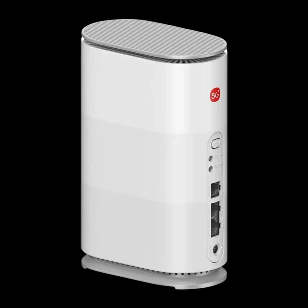 Router ZTE G5 Air Blanco WiFi 7 BE3600 Doble Banda, vista lateral: puertos Ethernet, logo 5G rojo y rejilla superior