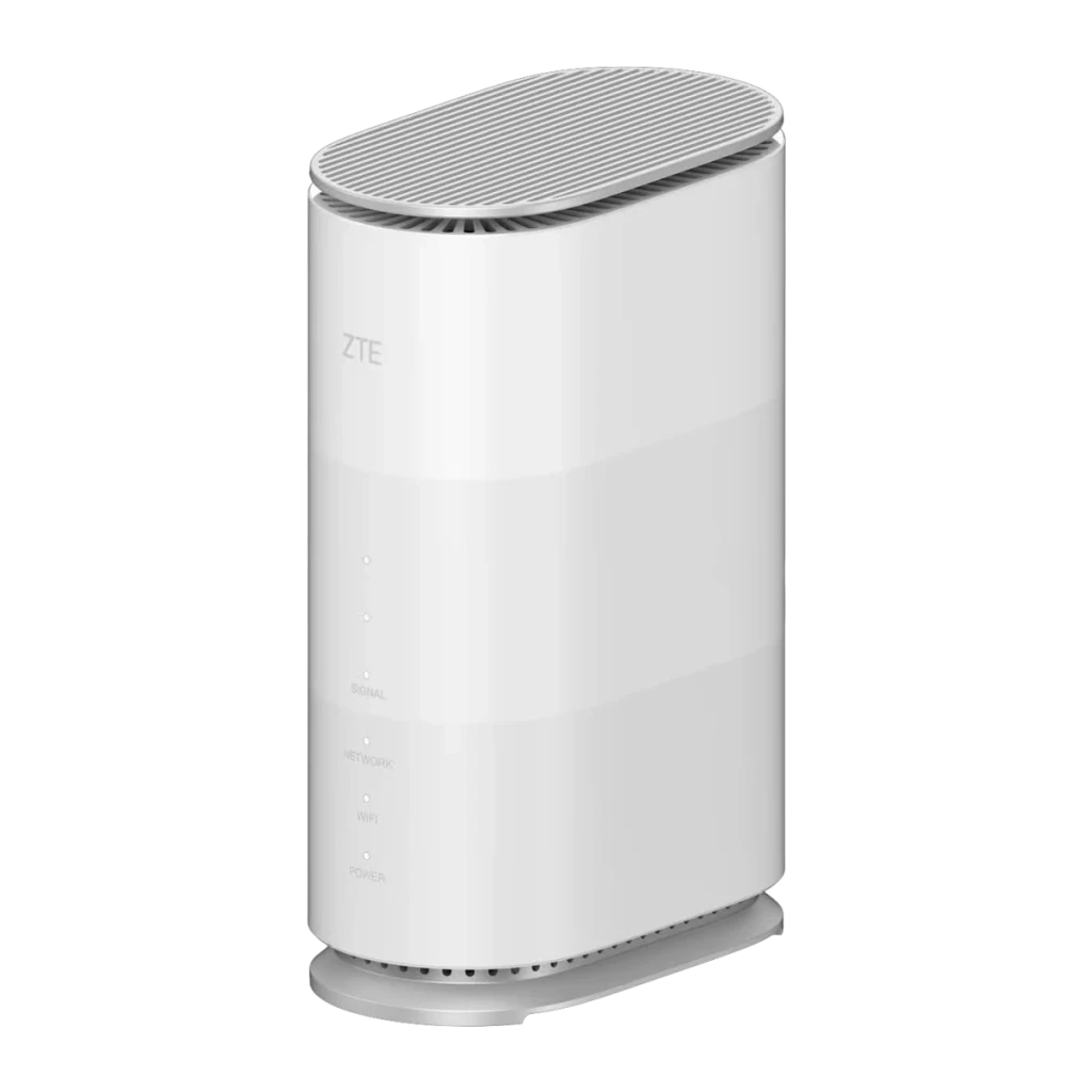 Router ZTE G5 Air Blanco WiFi 7 BE3600 Doble Banda, vista lateral: cuerpo cilíndrico con LEDs Signal, Network, WiFi y Power