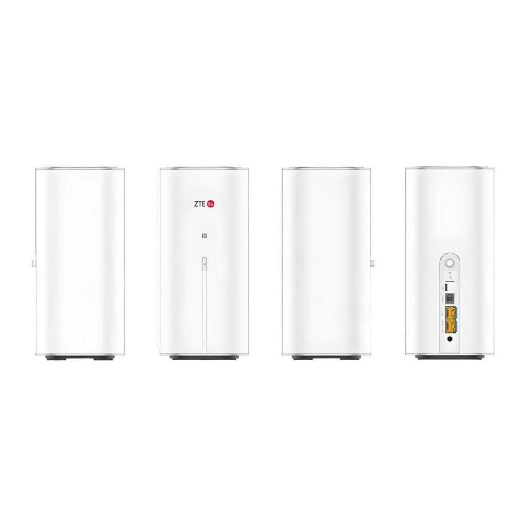 Router ZTE G5 Air Blanco WiFi 7 BE3600 Doble Banda, 4 vistas: lateral, frontal con logo NFC, perfil y trasera con puertos