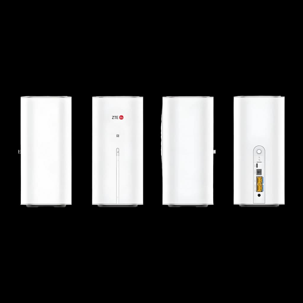 Router ZTE G5 Air Blanco WiFi 7 BE3600 Doble Banda, 4 vistas: lateral, frontal con logo NFC, perfil y trasera con puertos
