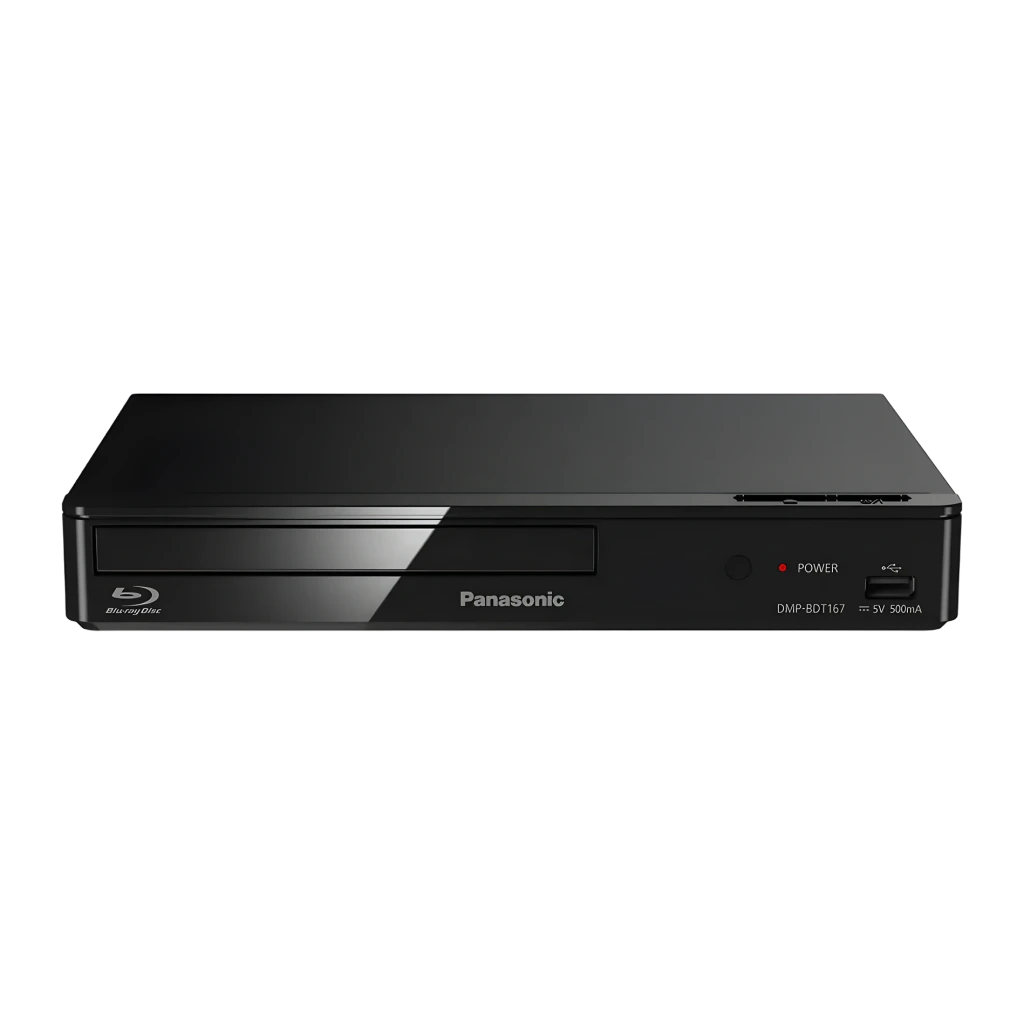 Lecteur Blu-ray Panasonic Noir Full HD HDMI + Ethernet + USB DMP-BDT167, vue avant: tiroir disque, bouton power, port USB