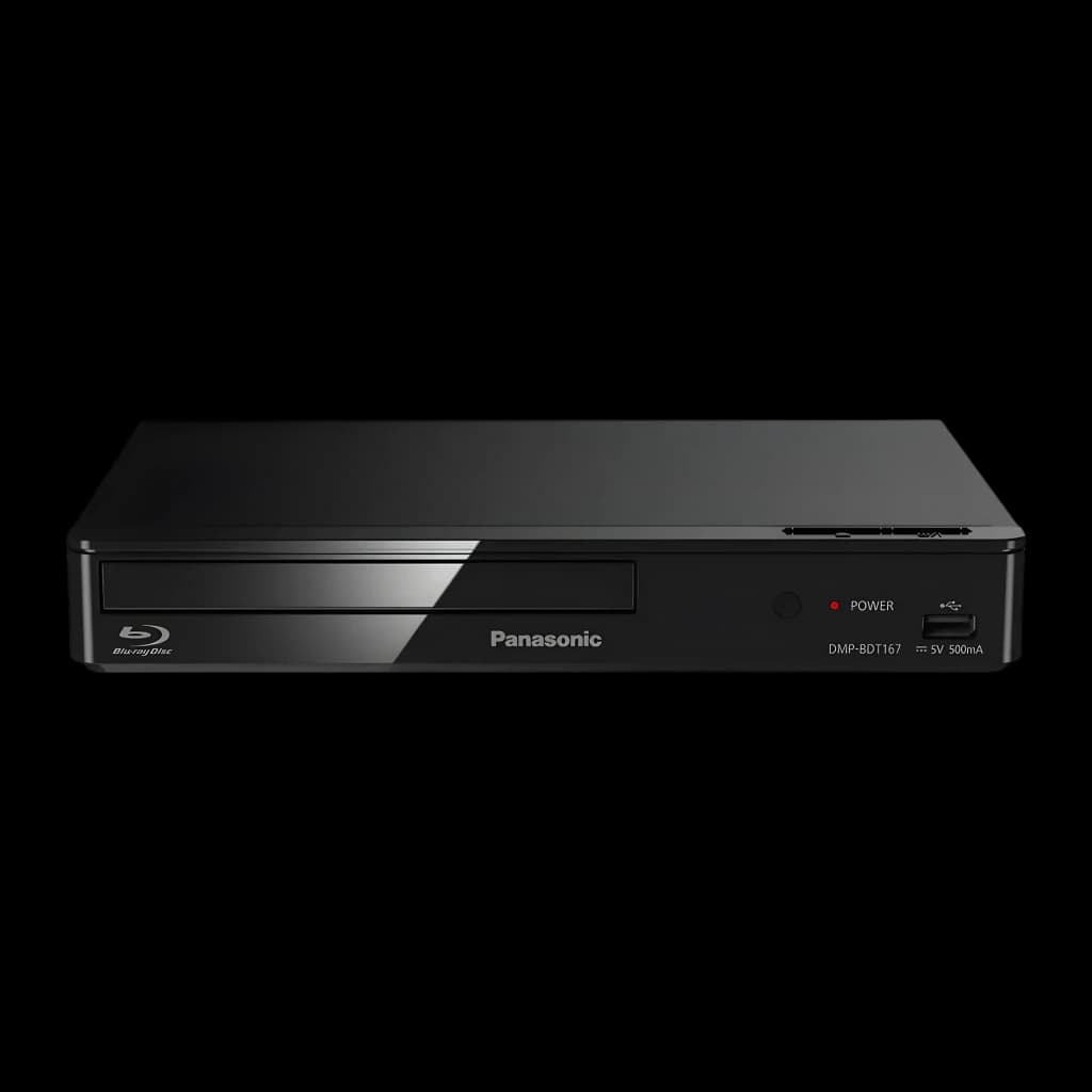 Lecteur Blu-ray Panasonic Noir Full HD HDMI + Ethernet + USB DMP-BDT167, vue avant: tiroir disque, bouton power, port USB