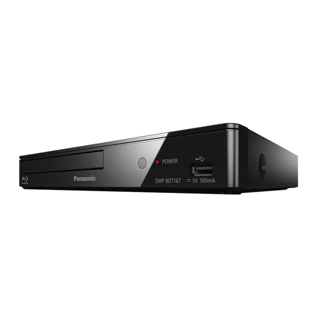 Lecteur Blu-ray Panasonic Noir Full HD HDMI + Ethernet + USB DMP-BDT167, vue avant en angle: fente disque, bouton power