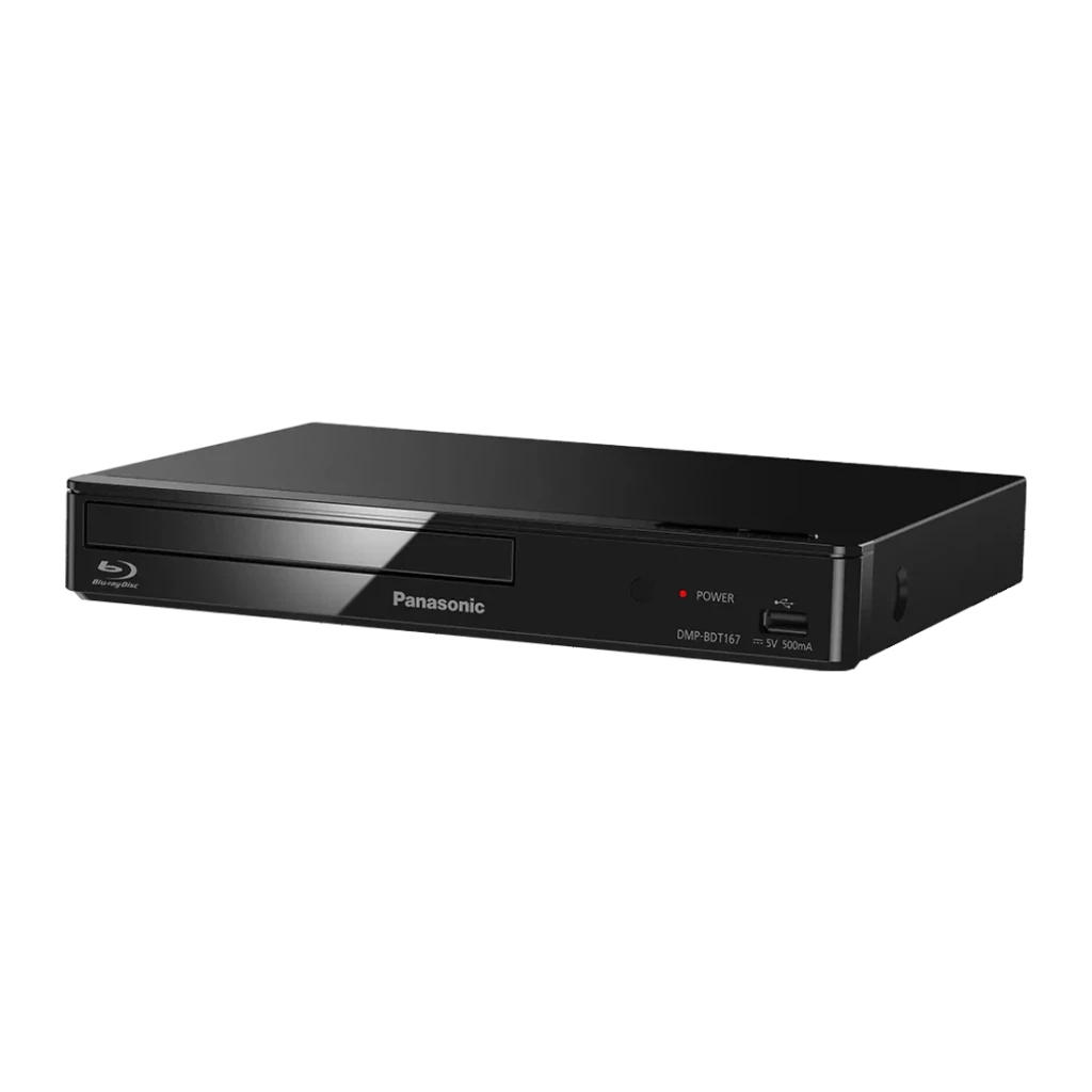 Lecteur Blu-ray Panasonic Noir Full HD HDMI + Ethernet + USB DMP-BDT167, vue en angle: tiroir disque, logo et port USB