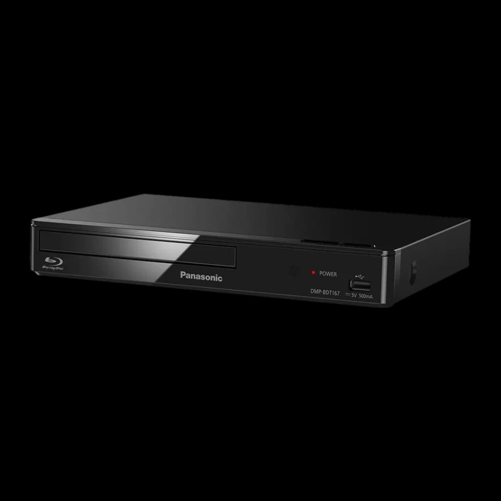 Lecteur Blu-ray Panasonic Noir Full HD HDMI + Ethernet + USB DMP-BDT167 - tiroir disque, logo et port USB