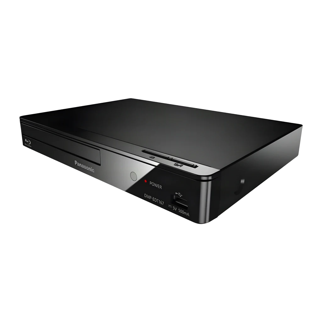 Lecteur Blu-ray Panasonic Noir Full HD HDMI + Ethernet + USB DMP-BDT167, vue en angle: face et côté avec port USB et bouton