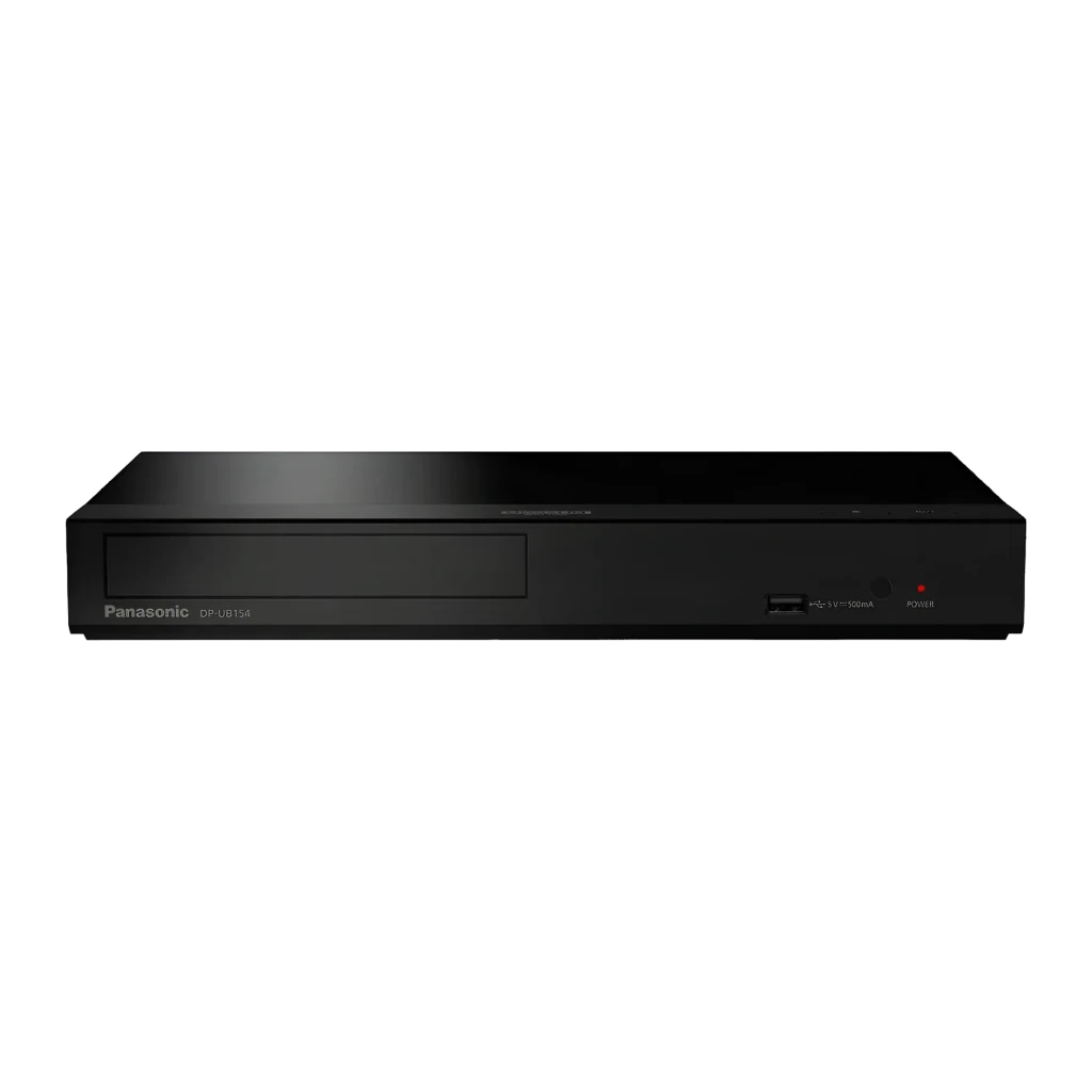 Lecteur Blu-ray Panasonic Noir 4K Ultra HD BD-Live Ethernet DP-UB154, vue avant: tiroir disque, port USB et bouton