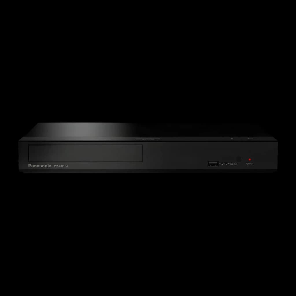 Lecteur Blu-ray Panasonic Noir 4K Ultra HD BD-Live Ethernet DP-UB154, vue avant: tiroir disque, port USB et bouton