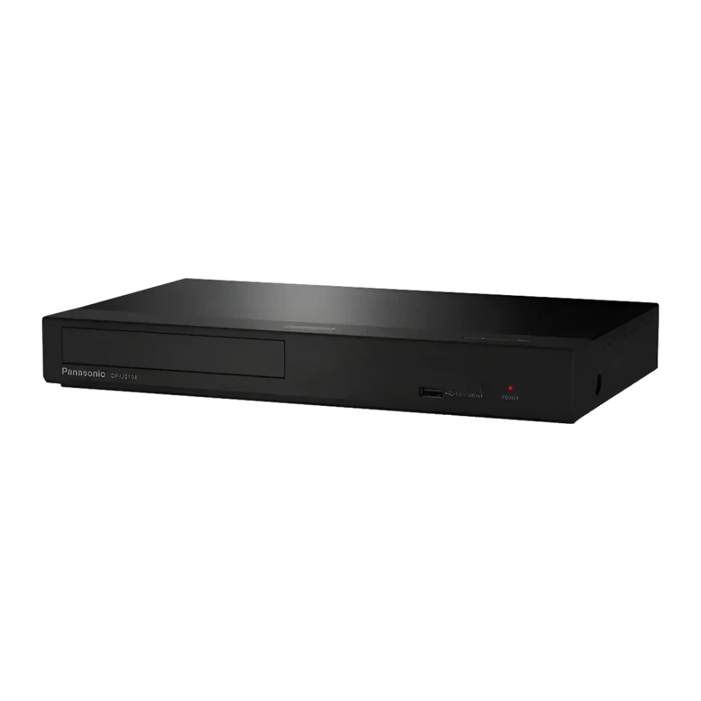 Lecteur Blu-ray Panasonic Noir 4K Ultra HD BD-Live Ethernet DP-UB154, vue avant en angle: fente disque, port USB et bouton