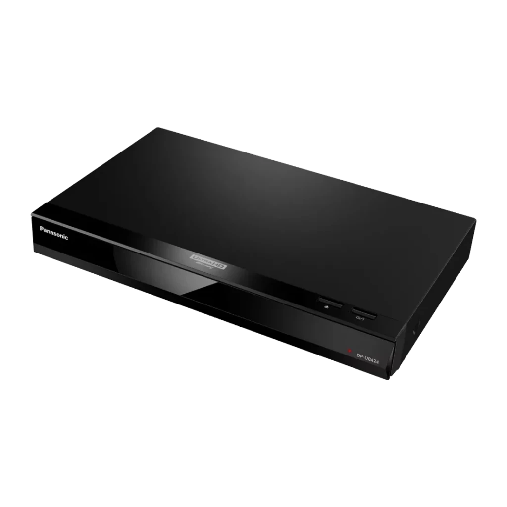 Reproductor Blu-ray Panasonic Negro 4K Ultra HD Dolby Atmos / DTS:X DP-UB424, vista en perspectiva: acabado brillante, logo